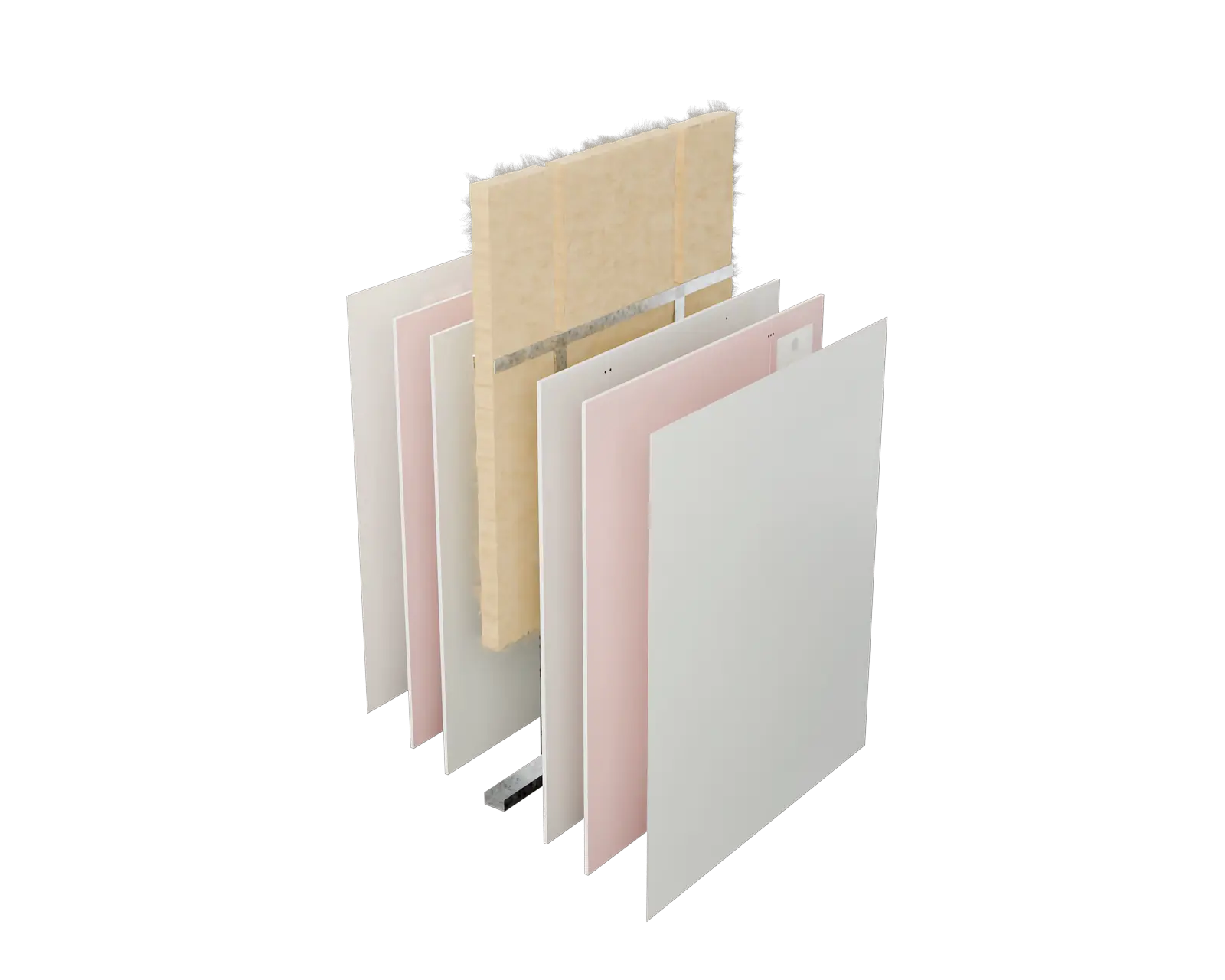 Eine Trockenbauwand, Schicht für Schicht. Unterkonstruktion aus verzinktem Stahl, Mineralwolle, Gipskartonplatte, Brandschutzplatte, Verspachtelung, Anstrich.